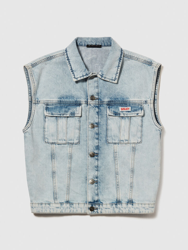 Sleeveless denim jacket with big pockets - boys' outerwear - Light Blue | Sisley Young image number 1